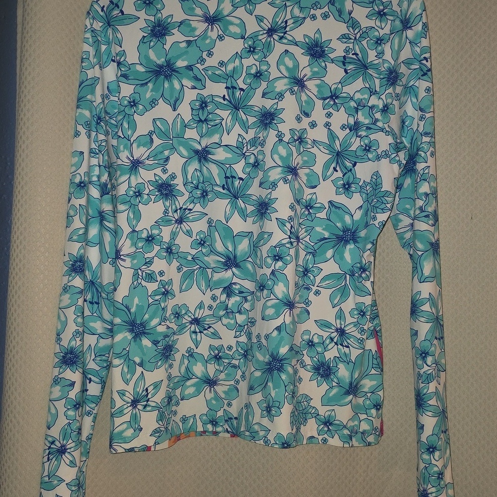 Lands' End Blue Floral Rash Guard with Orange Accents - Picture 5 of 5